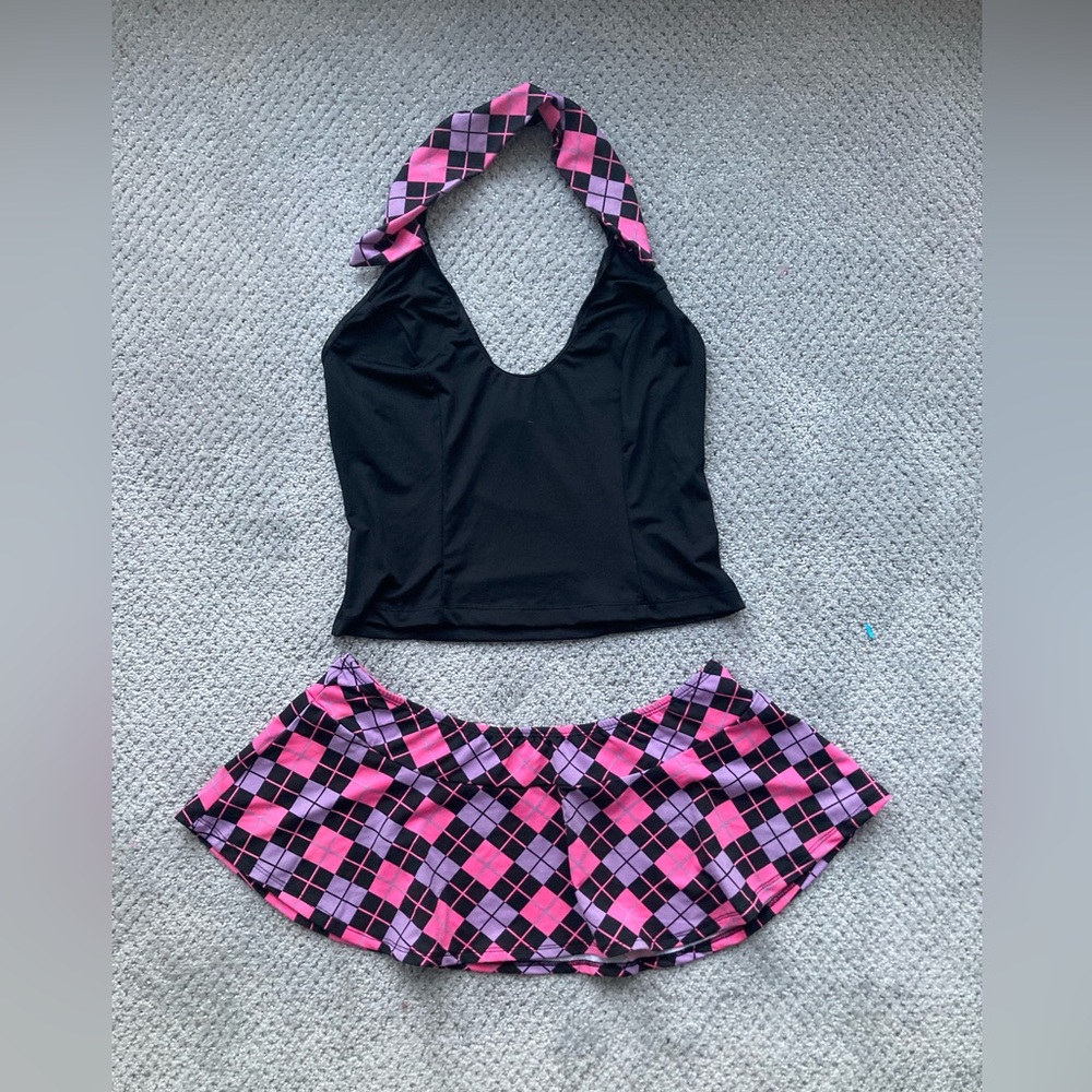 Cheap Thrills Black Halter Tankini with Pink and Purple Argyle Mini Skirt